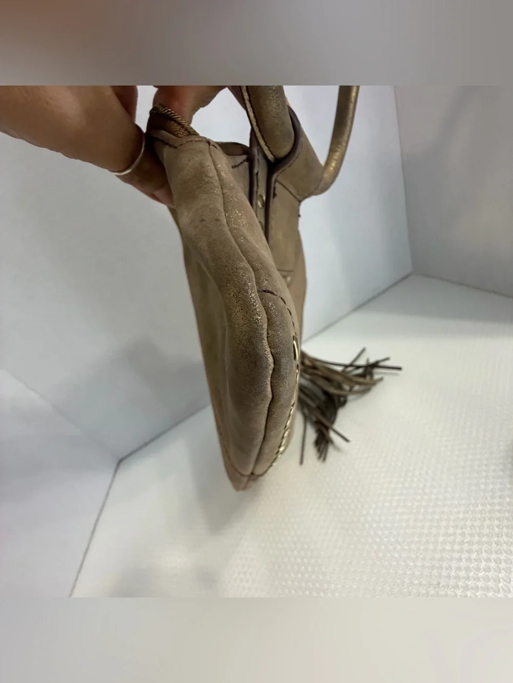HOBO Metallic Bronze Studded Wristlet Tote with Tassel